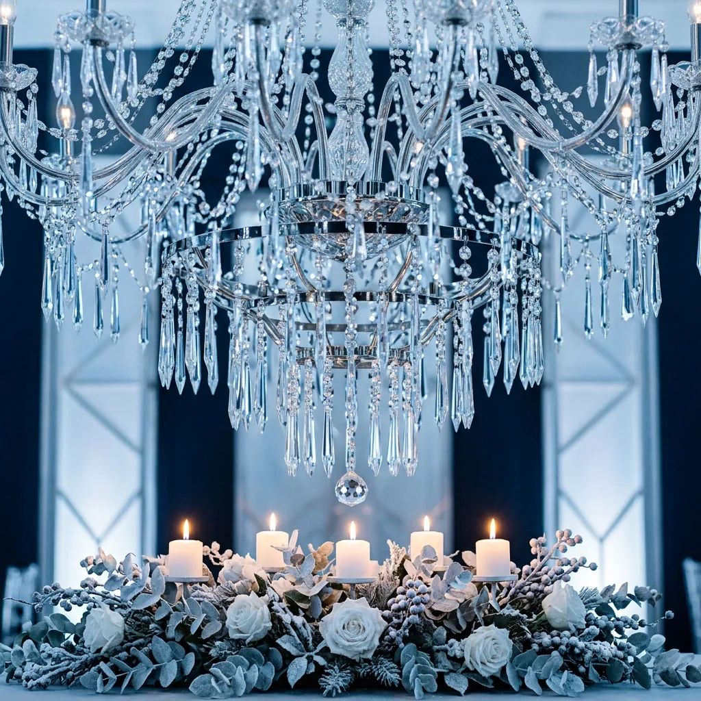 Detalle de chandelier de cristal con prismas tipo icicle colgantes proyectando luz azul plateada fría