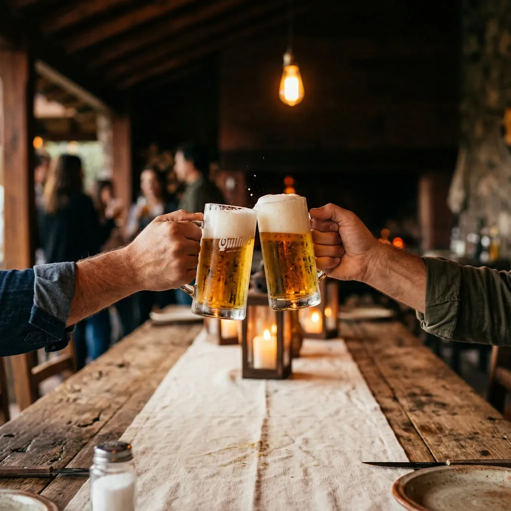 Manos brindando con jarras de cerveza fría sobre mesa larga de madera con mantel cream