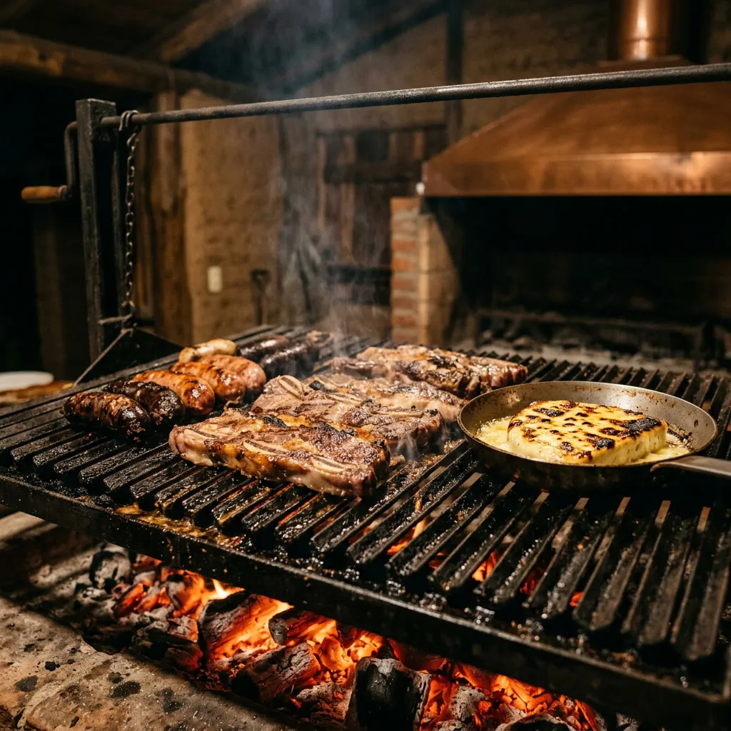 Parrilla argentina con tira de asado, chorizos y morcillas sobre brasas vivas