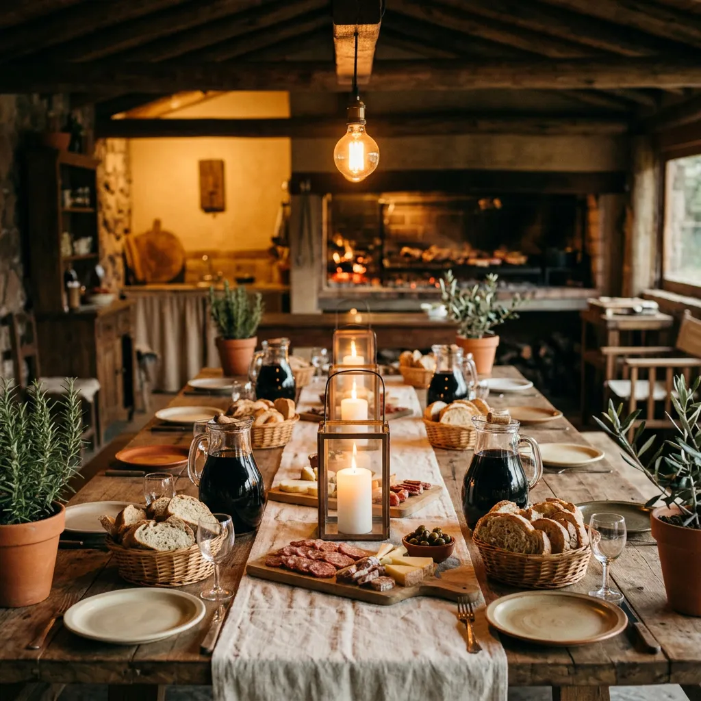 Mesa larga preparada con velas en faroles, damajuanas de vino, pan y tablas de queso