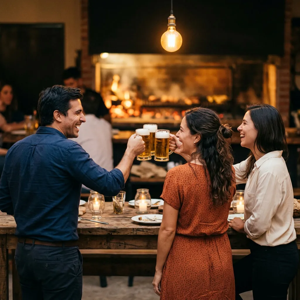 Grupo de tres compañeros del equipo brindando con cerveza en el quincho