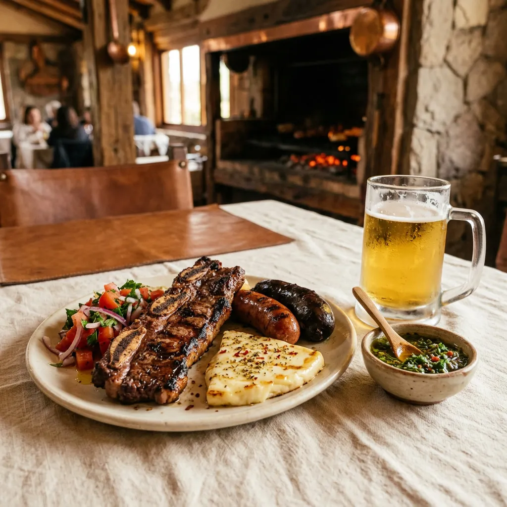Plato típico de asado con tira, chorizo, morcilla, provoleta, ensalada y chimichurri