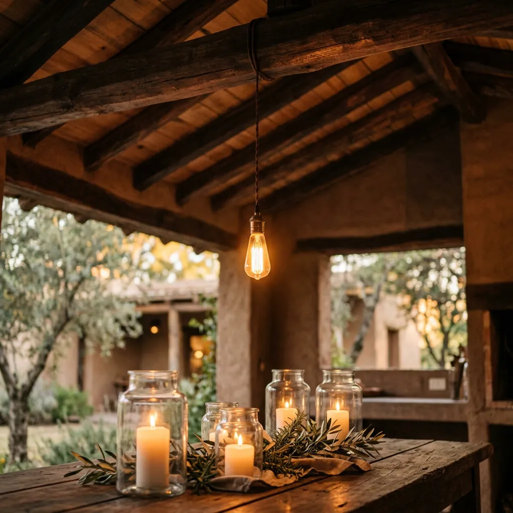 Detalle de vigas de madera del quincho con lámpara Edison colgante y faroles con vela