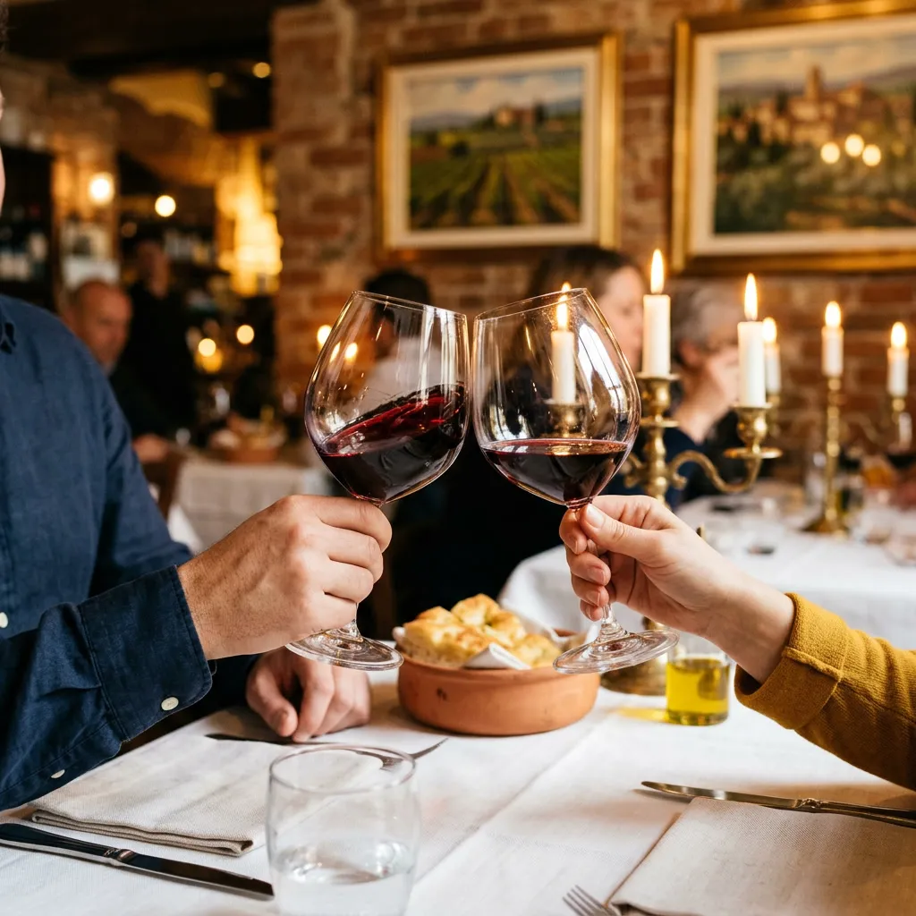 Manos brindando con copas de vino tinto Chianti sobre mantel blanco almidonado