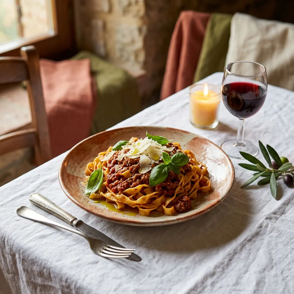 Plato firma de tagliatelle bolognese con parmigiano y albahaca sobre plato rústico