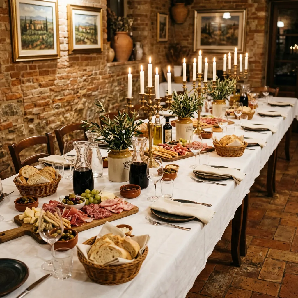Mesa larga preparada con mantel blanco, candelabros de bronce, ramas de olivo y antipasti