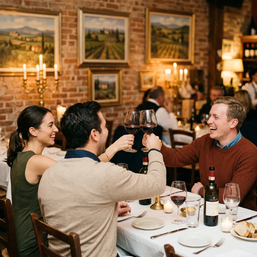 Grupo de tres compañeros del equipo brindando con copas de vino en la trattoria