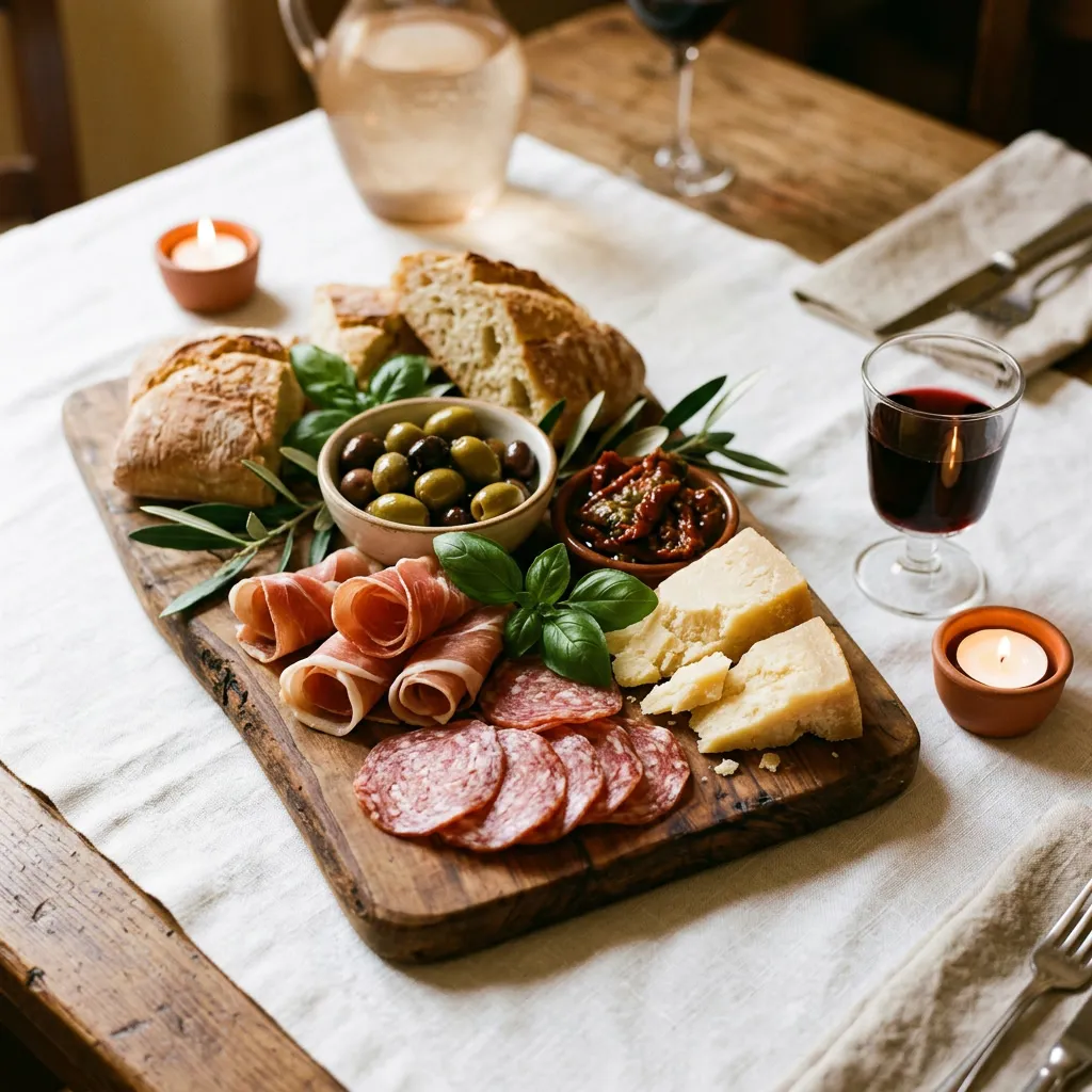 Tabla de antipasti con prosciutto, salami, parmigiano, aceitunas y ciabatta