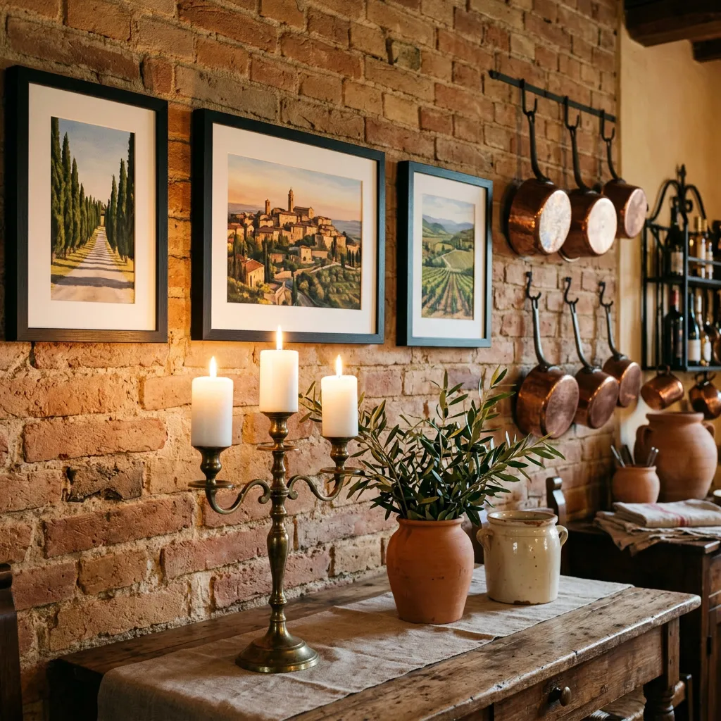 Detalle de pared de ladrillo con cuadros toscana con marcos negros y candelabro de bronce