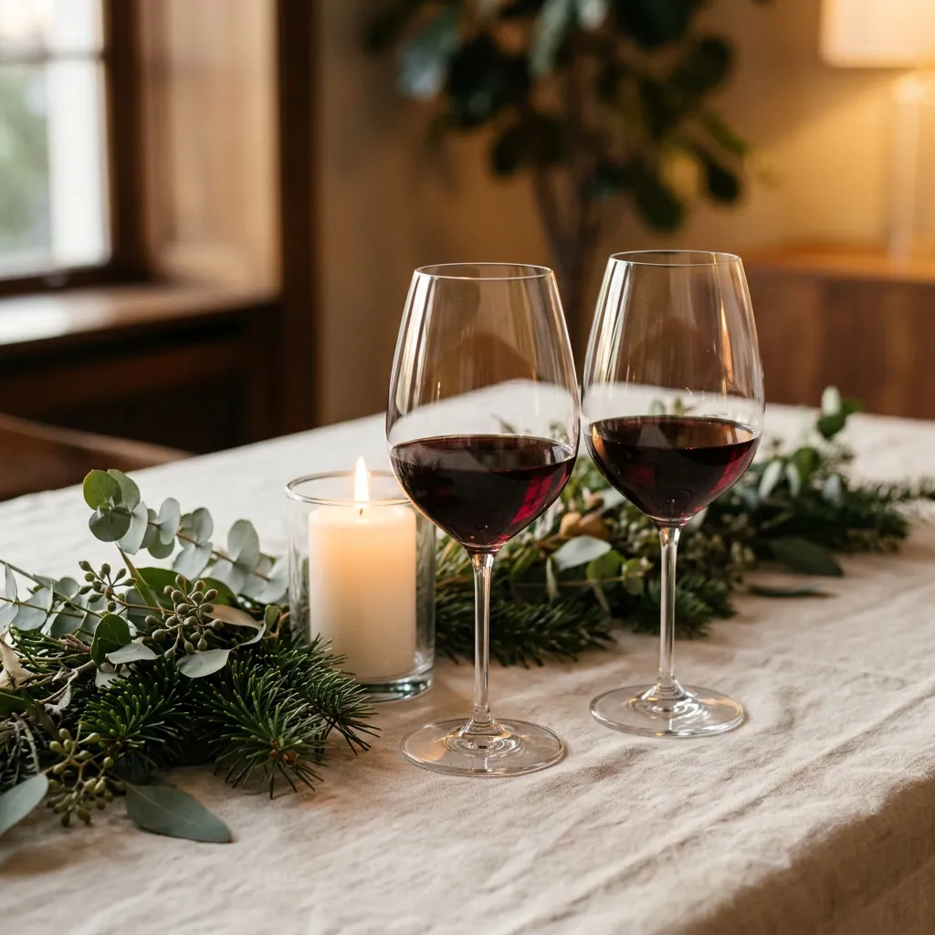 Dos copas de vino tinto sobre mantel cream junto a ramitas de pino y velas blancas