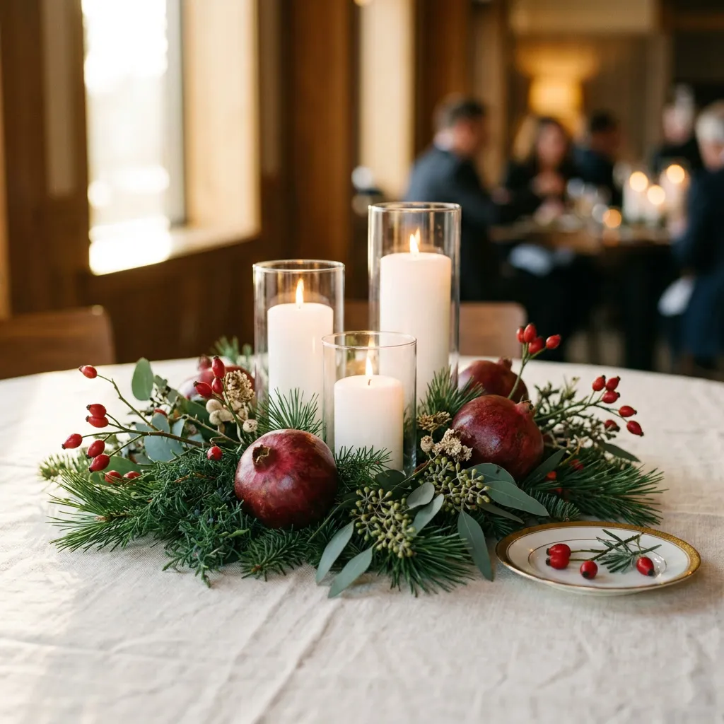 Centro de mesa de pino fresco, eucalipto, velas blancas y granadas sobre mantel cream