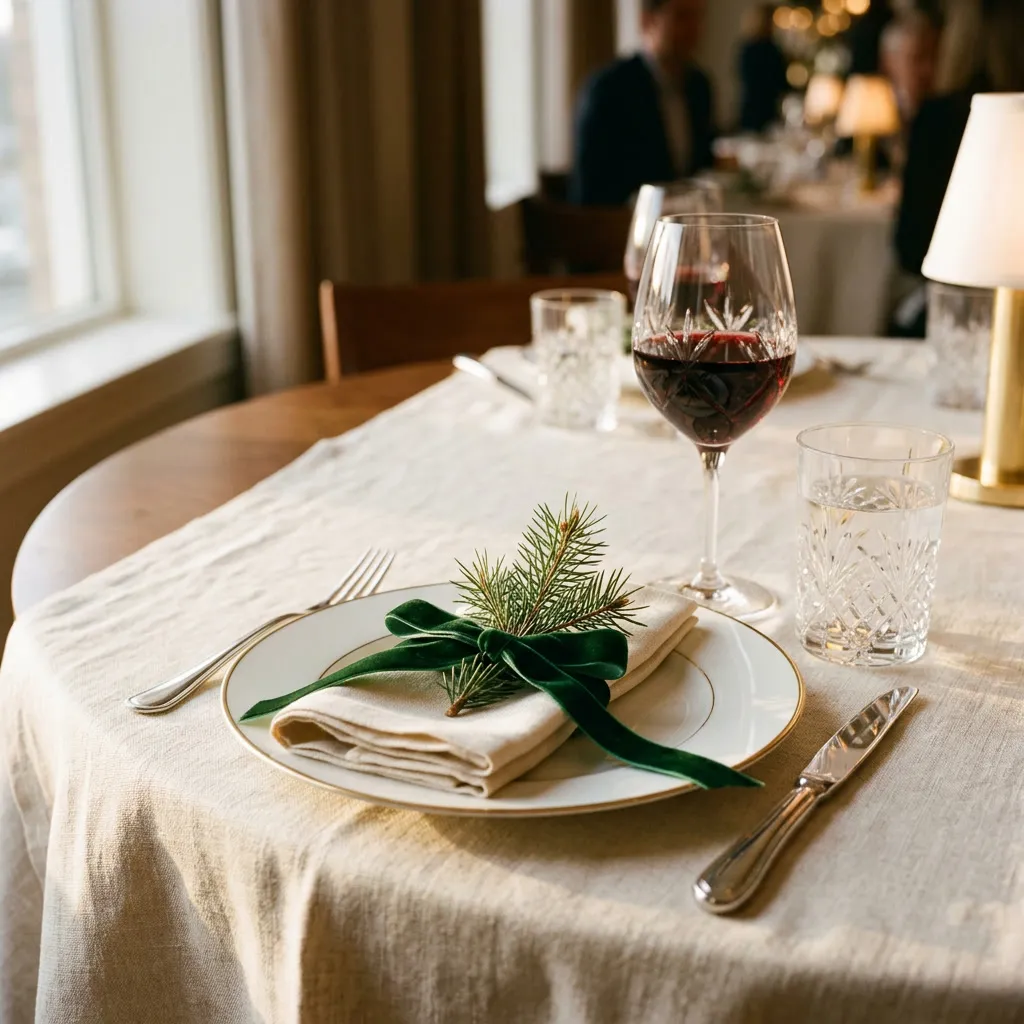 Place setting de fin de año con plato borde dorado, servilleta cream, cinta verde y pino