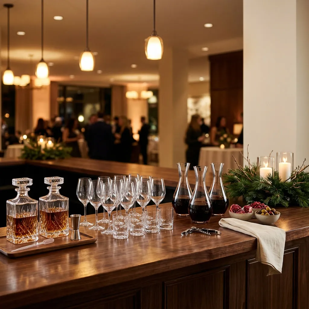 Bar station de fin de año con decantadores de whisky, carafes de vino y pino