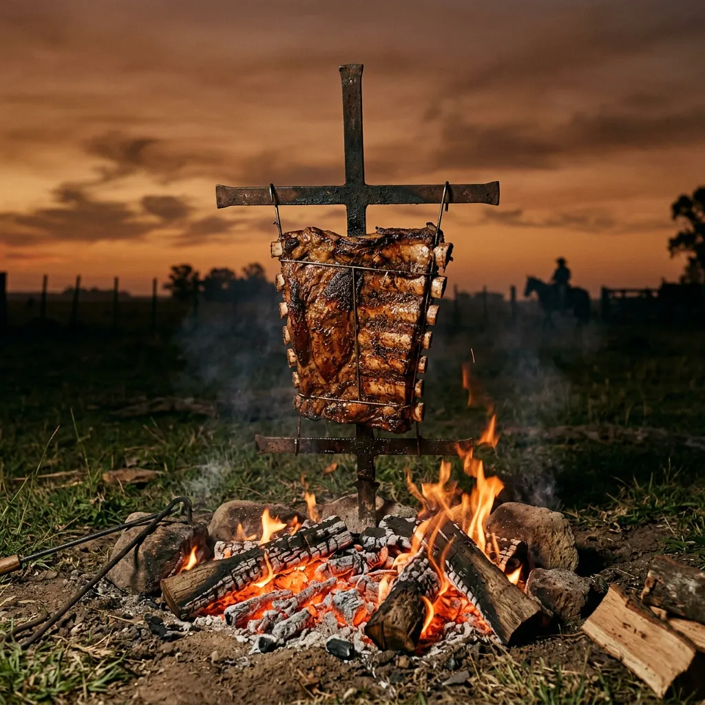 Asador de hierro con costillar a la cruz sobre brasas rojas y cielo de atardecer