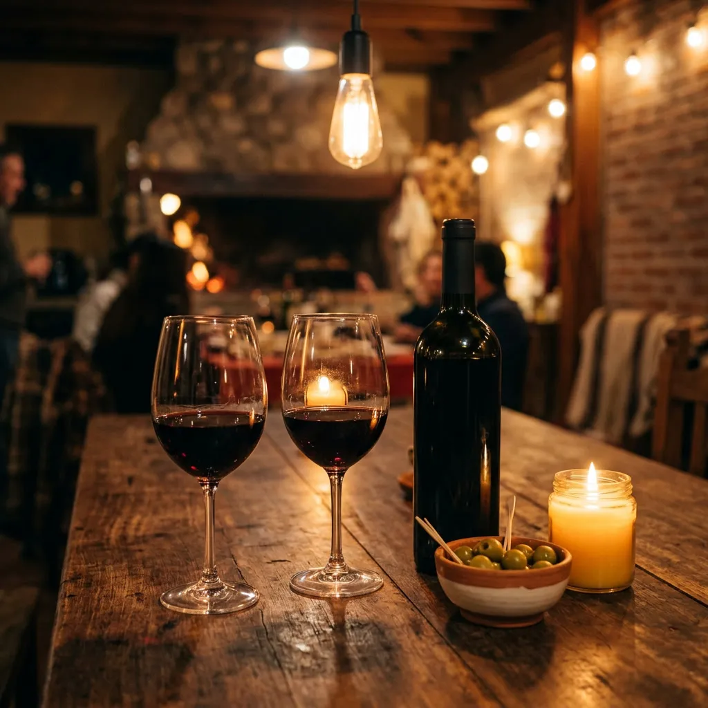 Dos copas de Malbec sobre mesa rústica de madera con vela y aceitunas