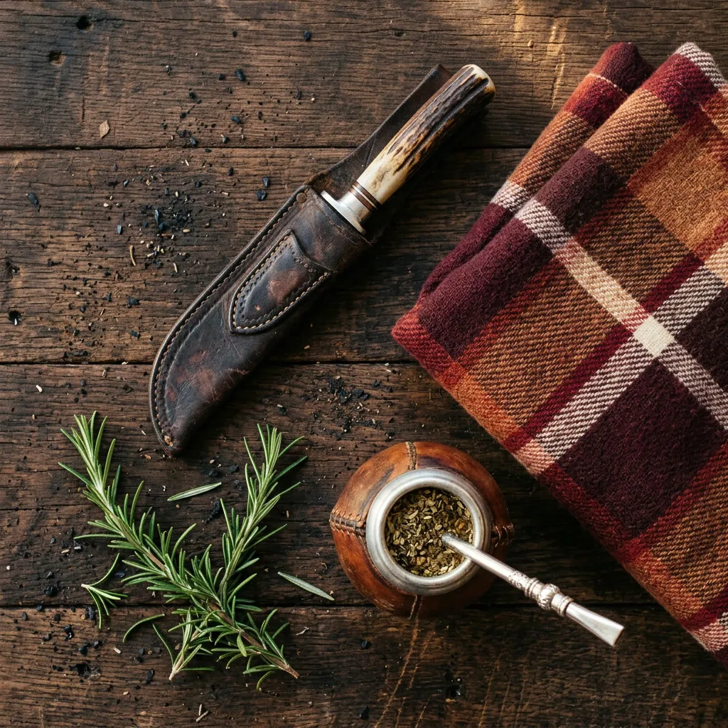 Cuchillo de asador, poncho a cuadros, mate de cuero y romero sobre madera oscura