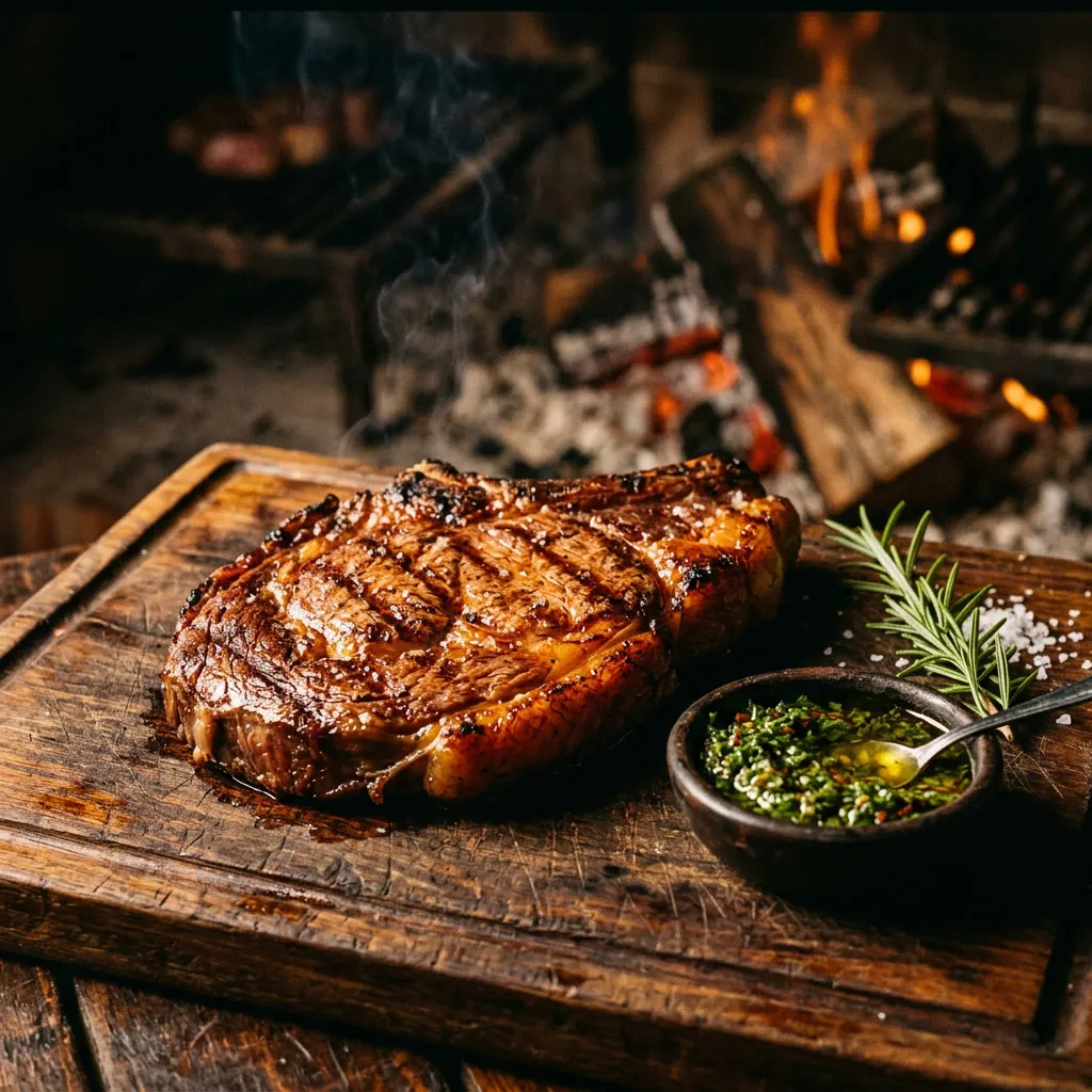 Ojo de bife premium con marcas de parrilla, romero y chimichurri