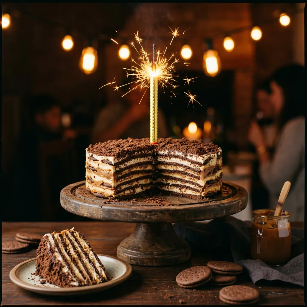 Chocotorta argentina con capas de chocolinas, dulce de leche y crema, con vela de bengala chispeando