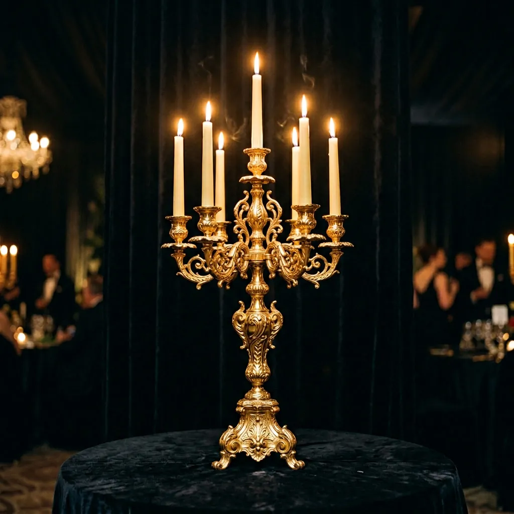Candelabro dorado con velas encendidas sobre fondo de terciopelo negro