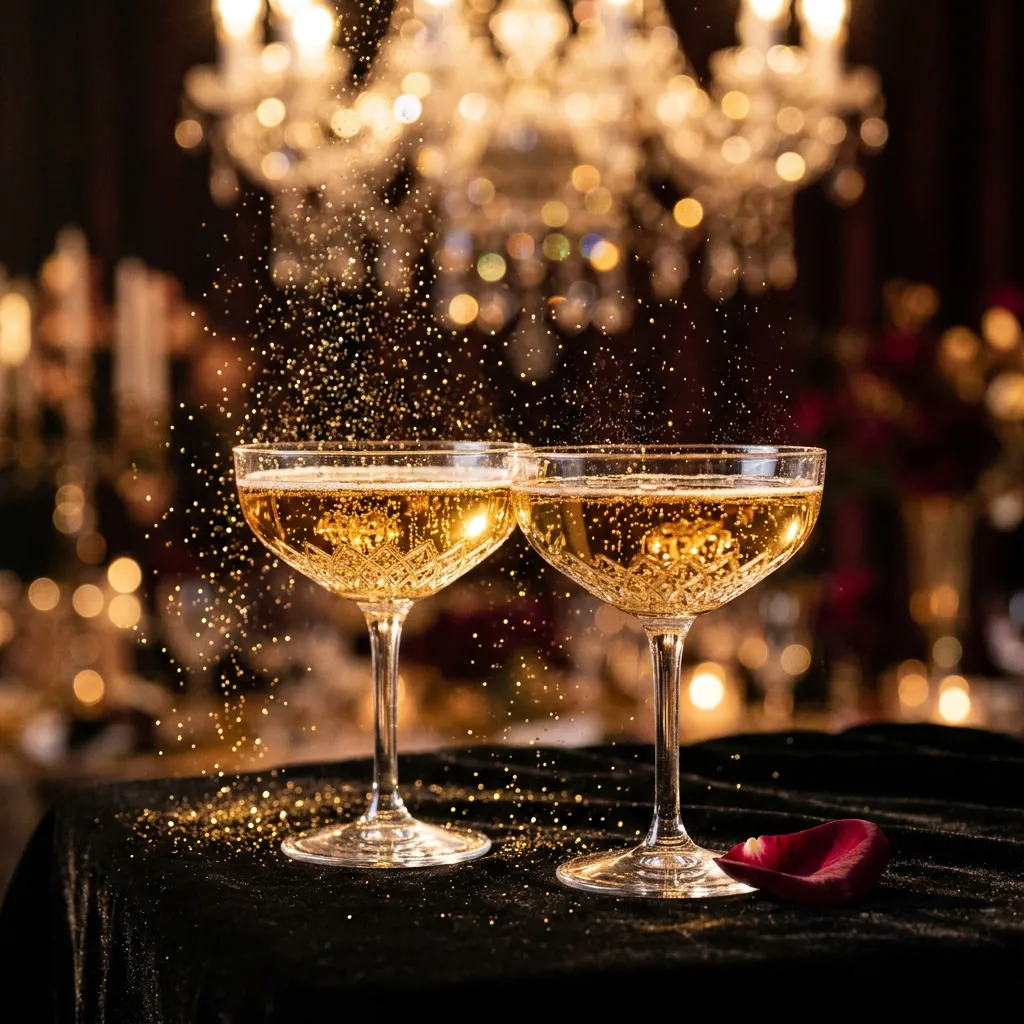 Dos copas de champagne con burbujas doradas y purpurina sobre terciopelo negro