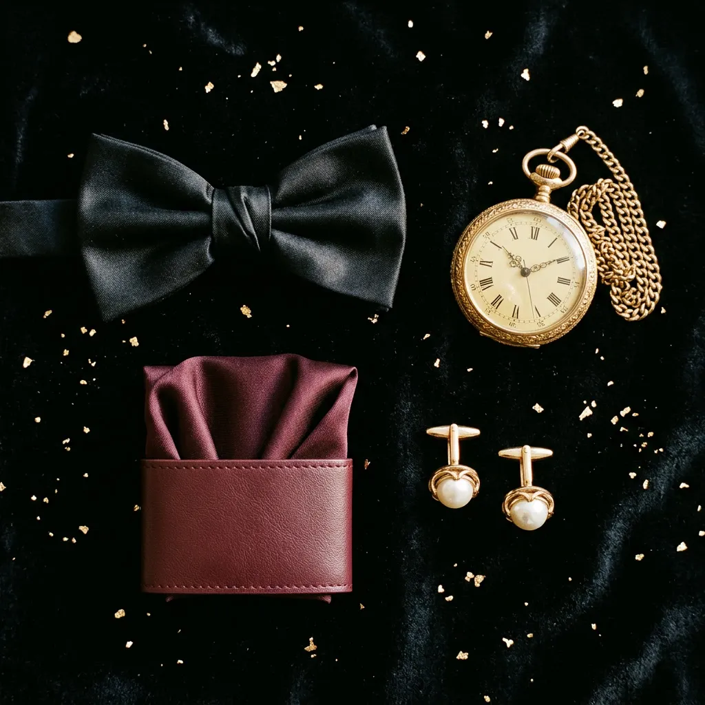 Moño negro de seda, gemelos de perla, pañuelo burgundy y reloj de bolsillo dorado