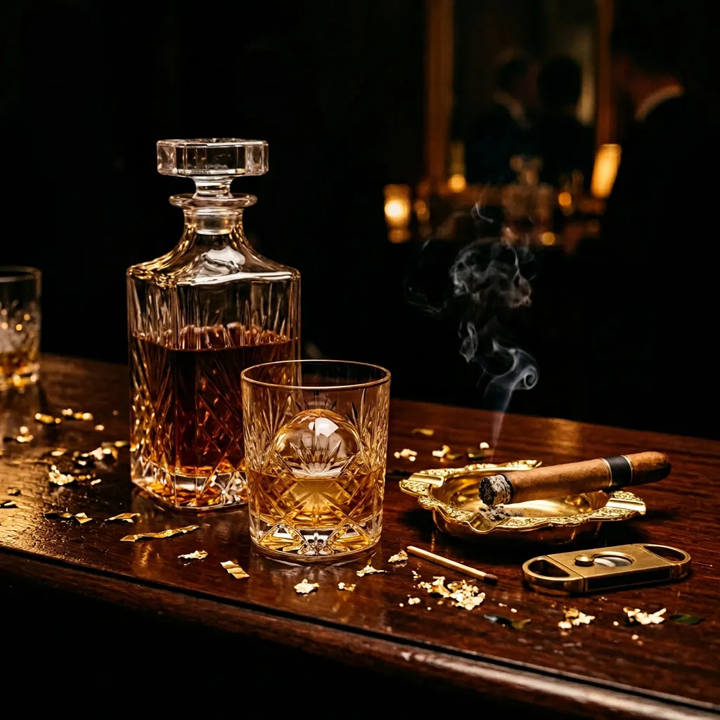 Decantador de cristal y vaso de whisky con esfera de hielo y cigarro encendido