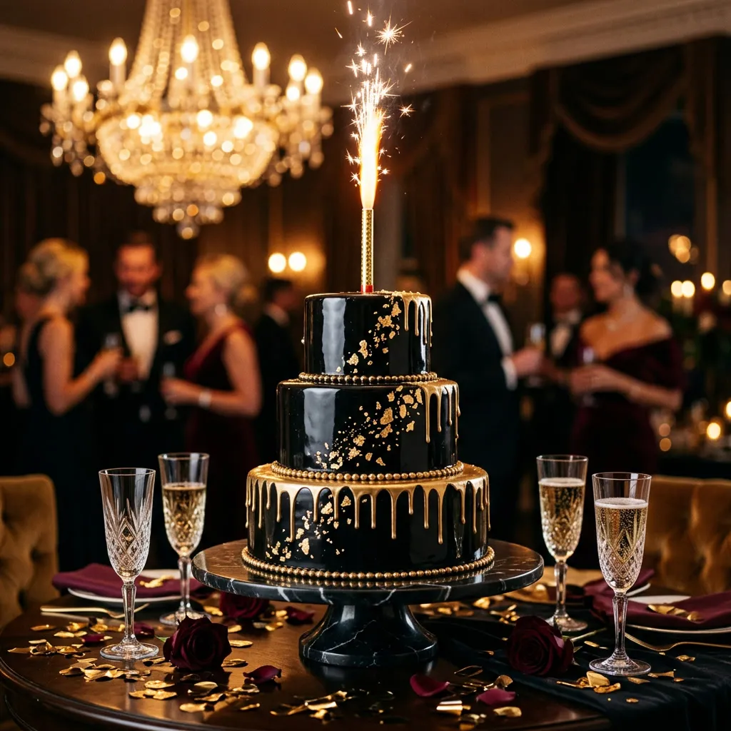 Torta de tres pisos con glaseado negro espejo, pan de oro y vela de bengala