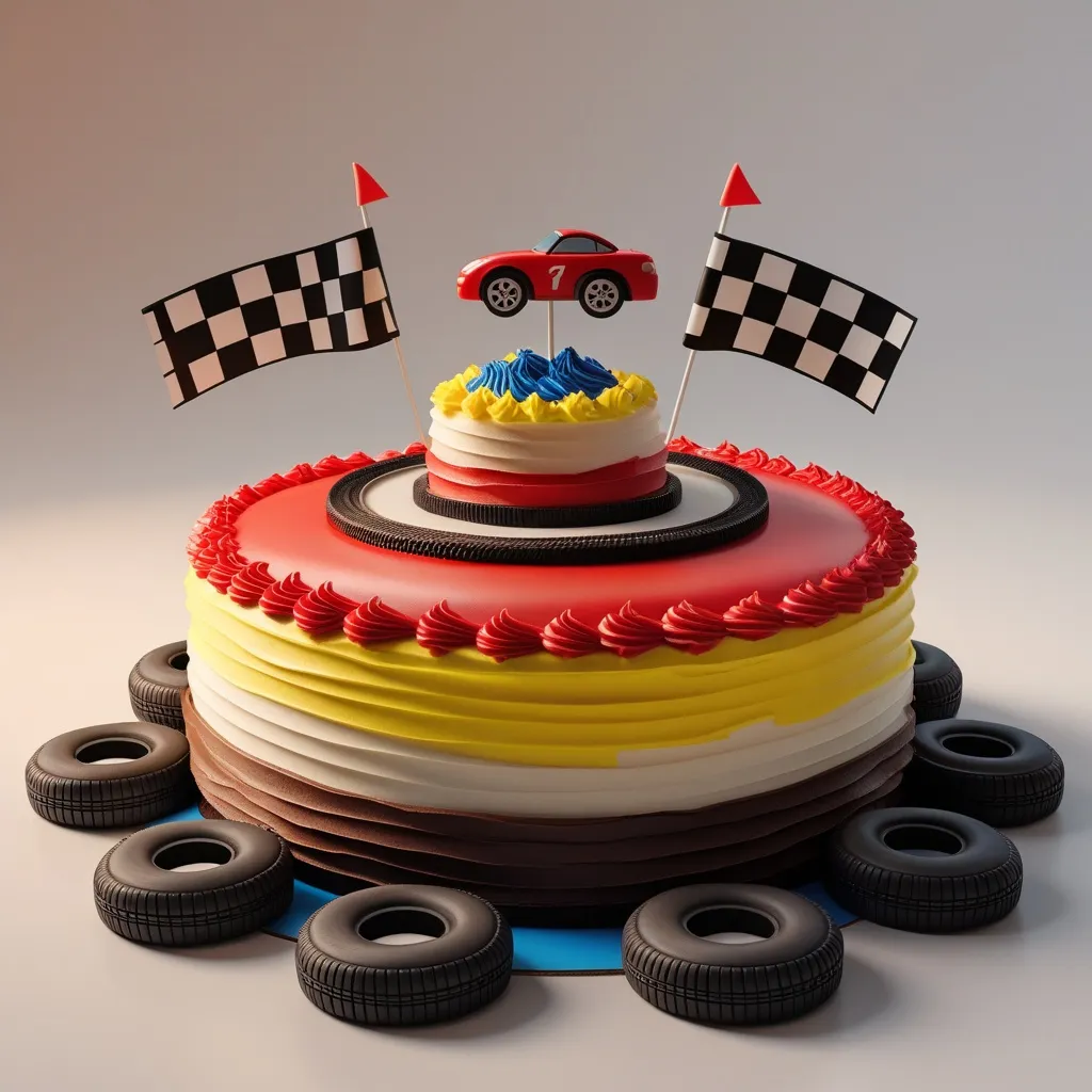 Torta de cumpleaños con forma de pista y auto de juguete