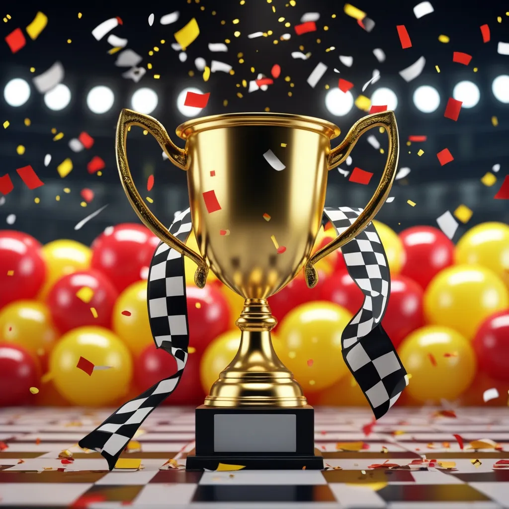 Trofeo dorado con bandera a cuadros y globos