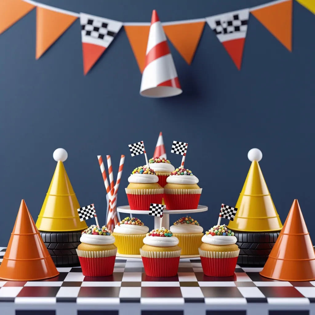Mesa dulce de carreras con cupcakes y conos de fiesta