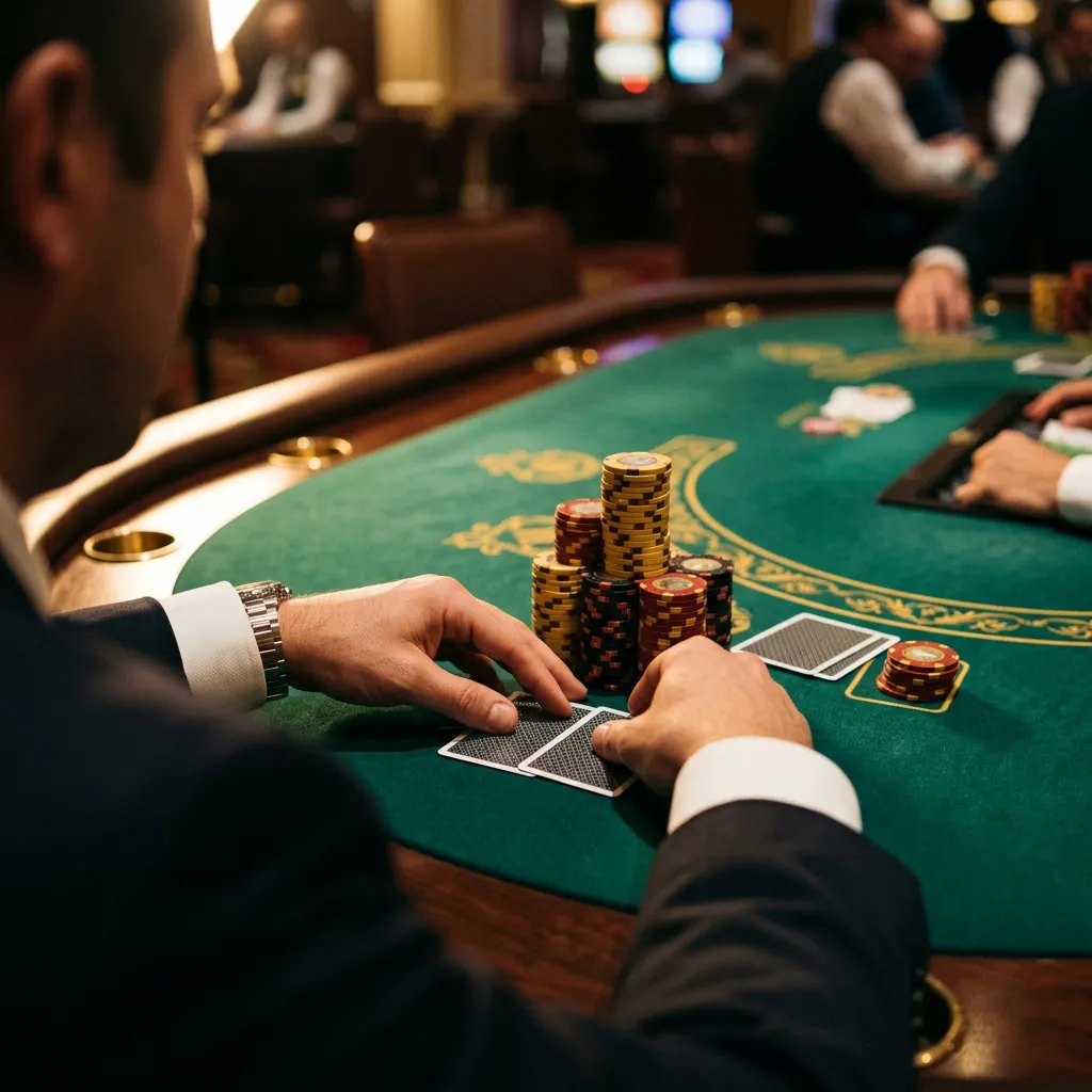 Manos del jugador desde atrás sosteniendo cartas boca abajo sobre mesa verde con stack de fichas doradas adelante