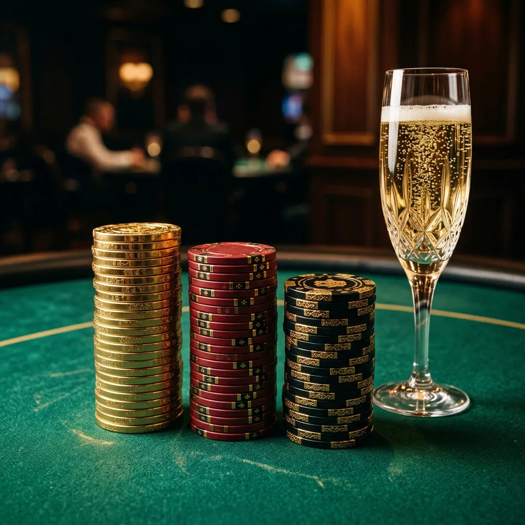 Stacks de fichas de poker doradas, rojas y negras sobre mesa verde con copa de champagne