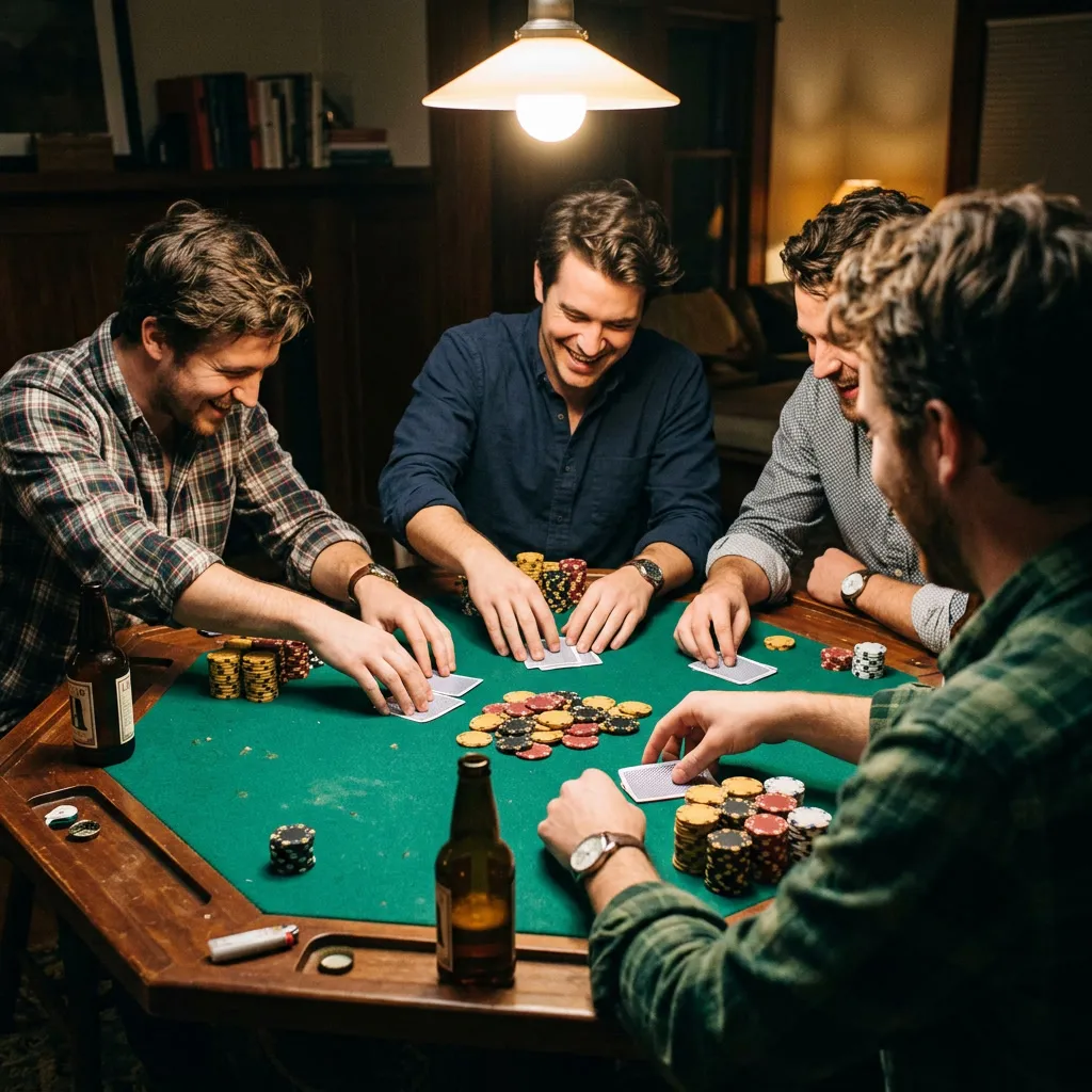 Tres amigos jugando poker casual en casa con fichas doradas y cervezas sobre mesa verde