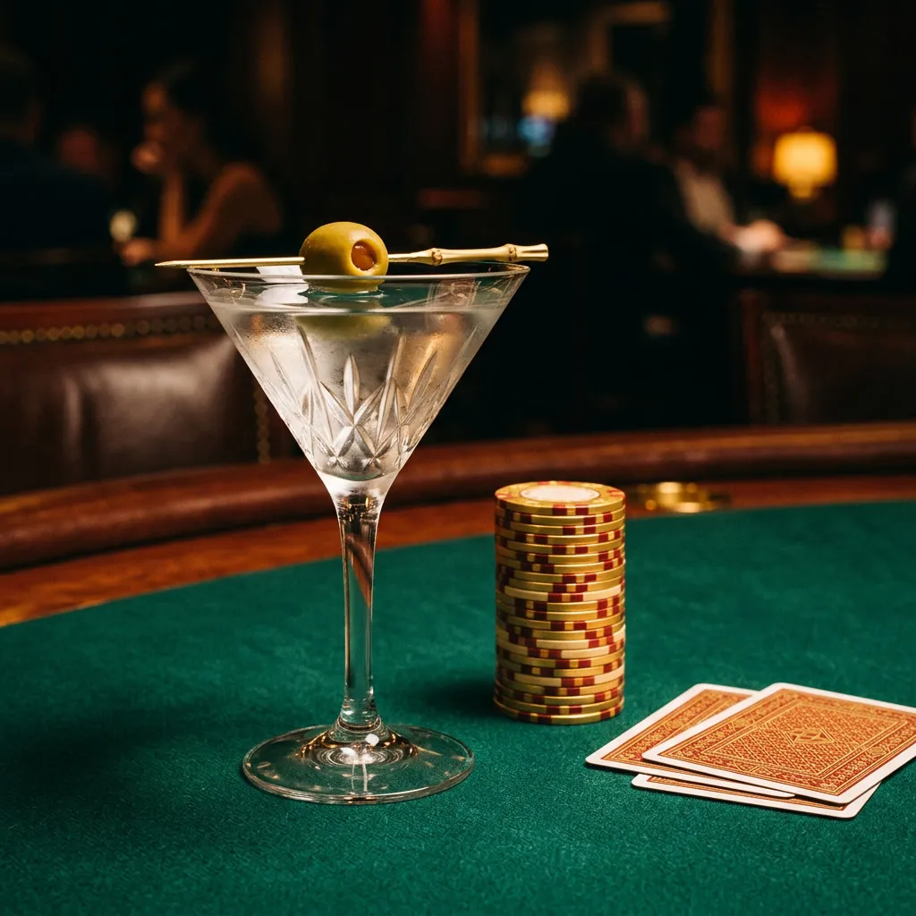 Crystal martini con oliva sobre mesa verde junto a stack de fichas doradas y cartas boca abajo