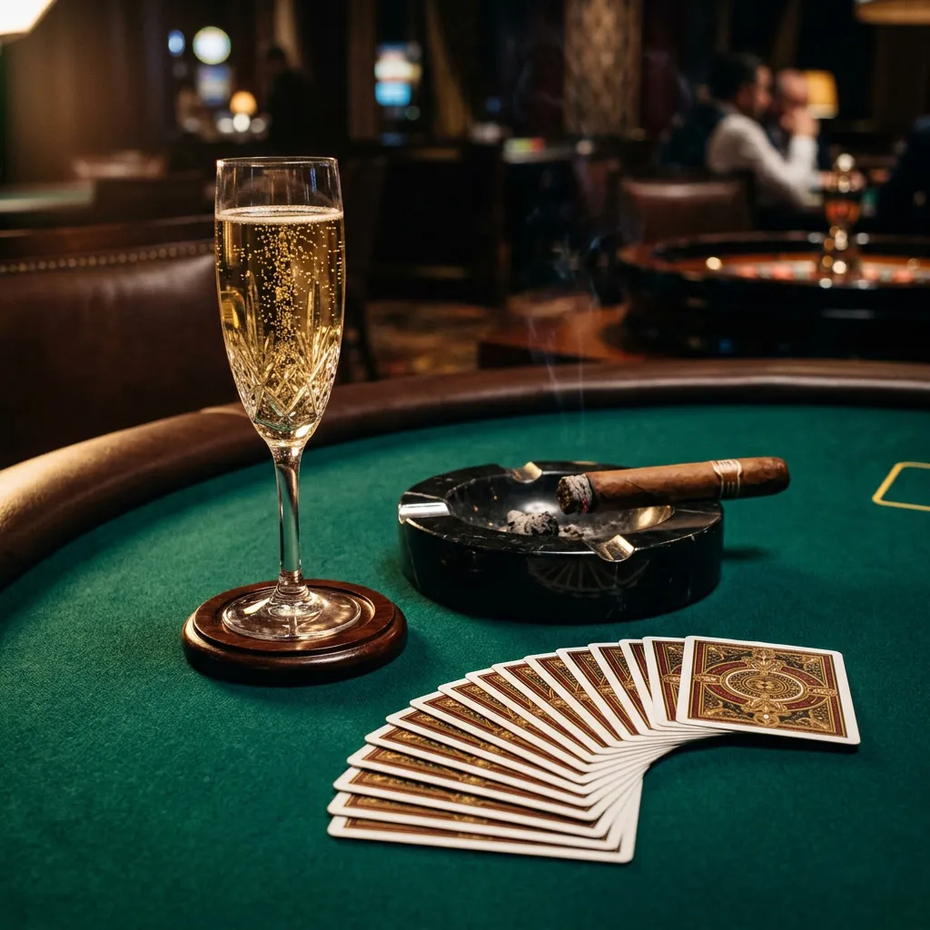 Copa de champagne dorada y cigar habano sobre mesa verde con naipes desplegados