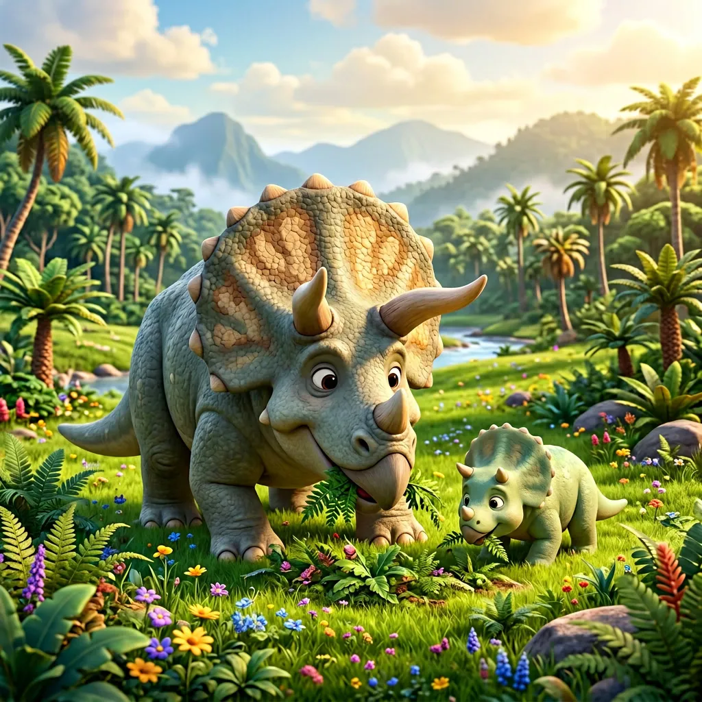 Familia de Triceratops en la pradera