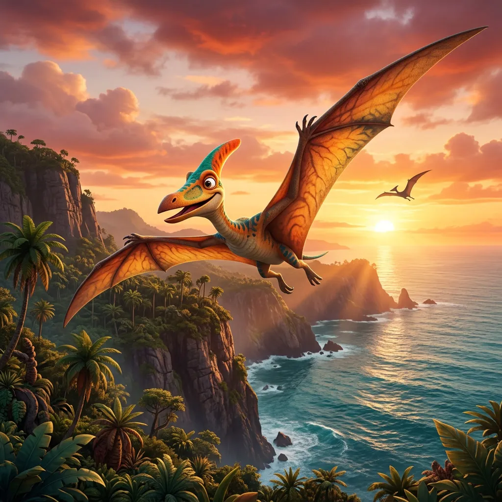 Pteranodón volando al atardecer