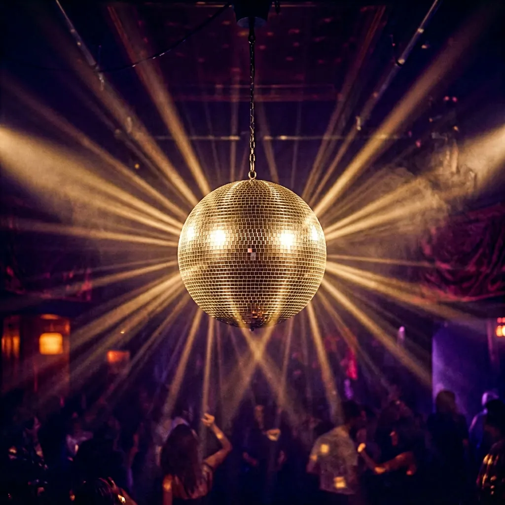 Mirror ball colgando con haces dorados sobre fondo púrpura oscuro