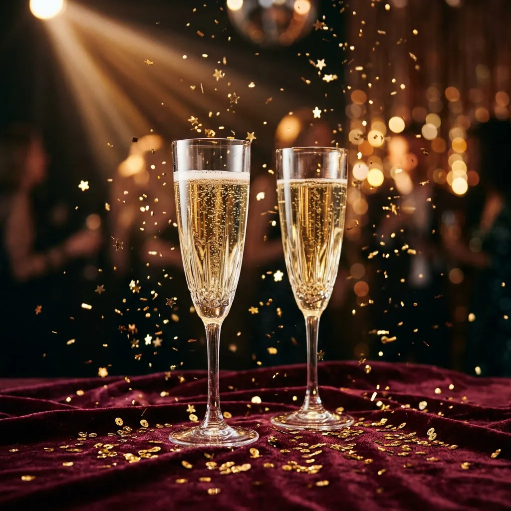 Copas de champagne dorado con confeti cayendo sobre terciopelo borgoña
