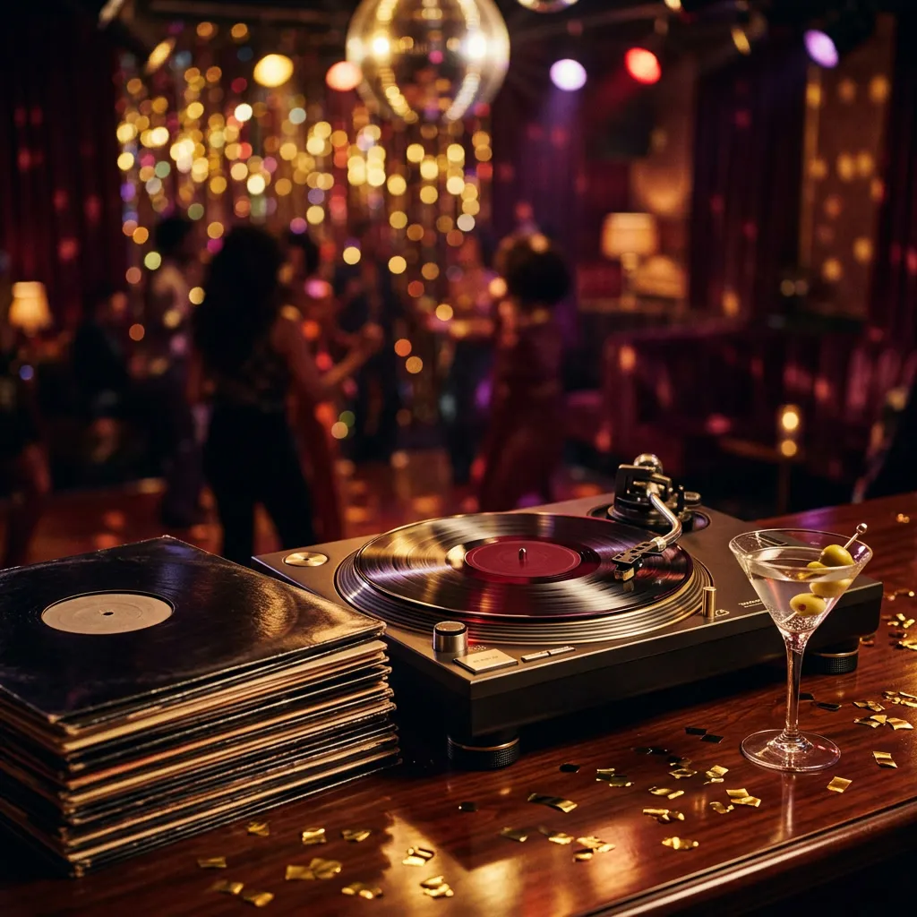 Vinilos vintage apilados junto a tornamesa con martini en la barra