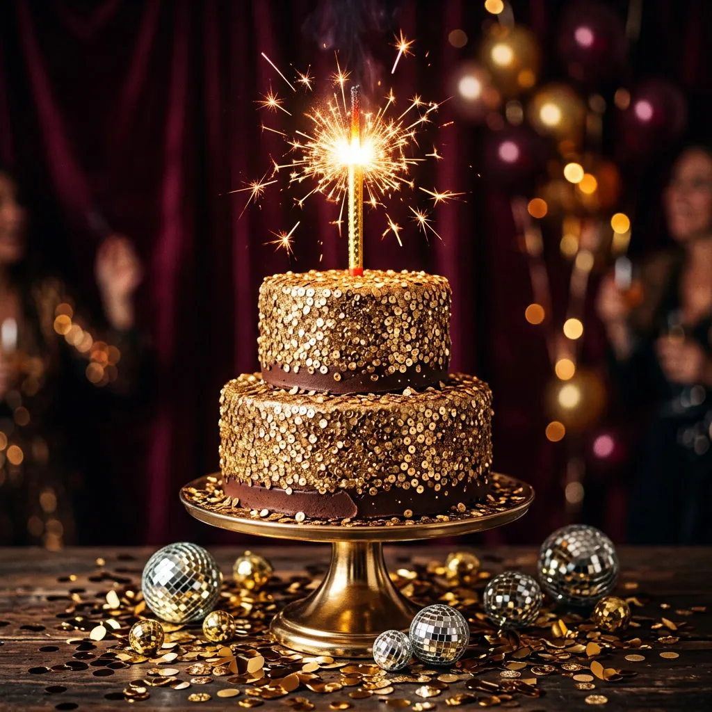 Torta de chocolate con decoración dorada y vela de bengala chispeando