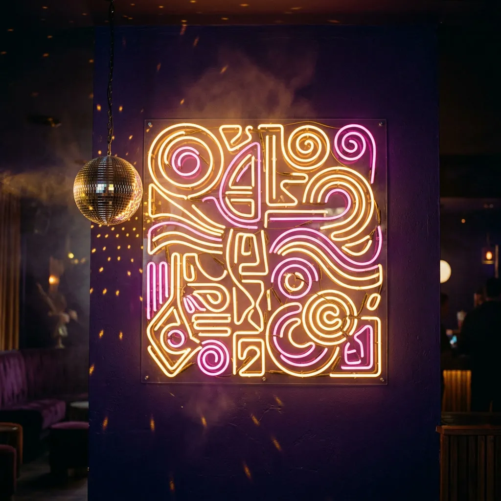 Cartel de neón dorado y magenta con mini disco ball al lado