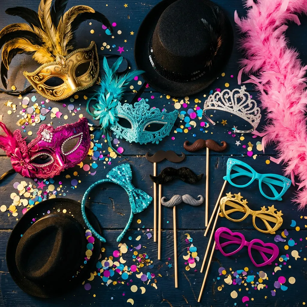 Flat lay de props photo booth con máscaras venecianas, bigotes postizos y sombreros sobre fondo dark