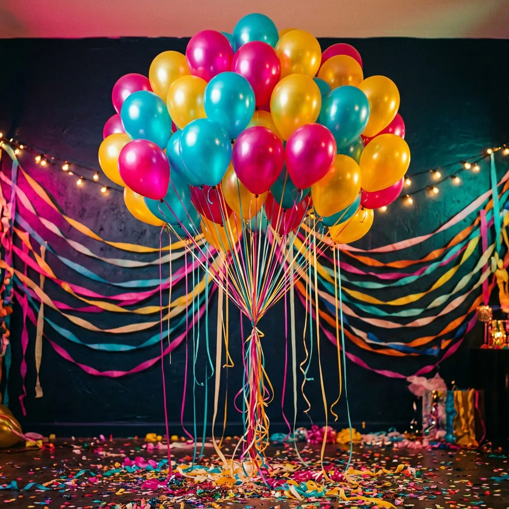 Bunch de globos multi-color magenta turquesa amarillo contra pared dark con streamers