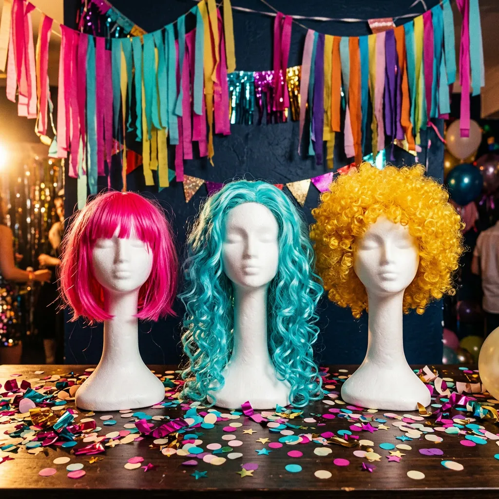 Tres pelucas multi-color rosa fucsia, turquesa y amarillo neón sobre mannequí stands