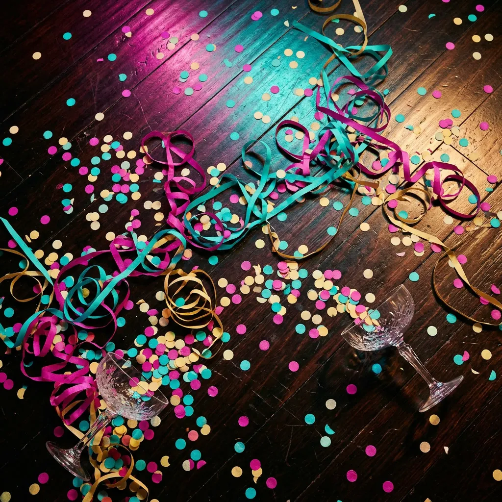 Piso de confetti multi-color y serpentinas con copas vacías al costado, after party