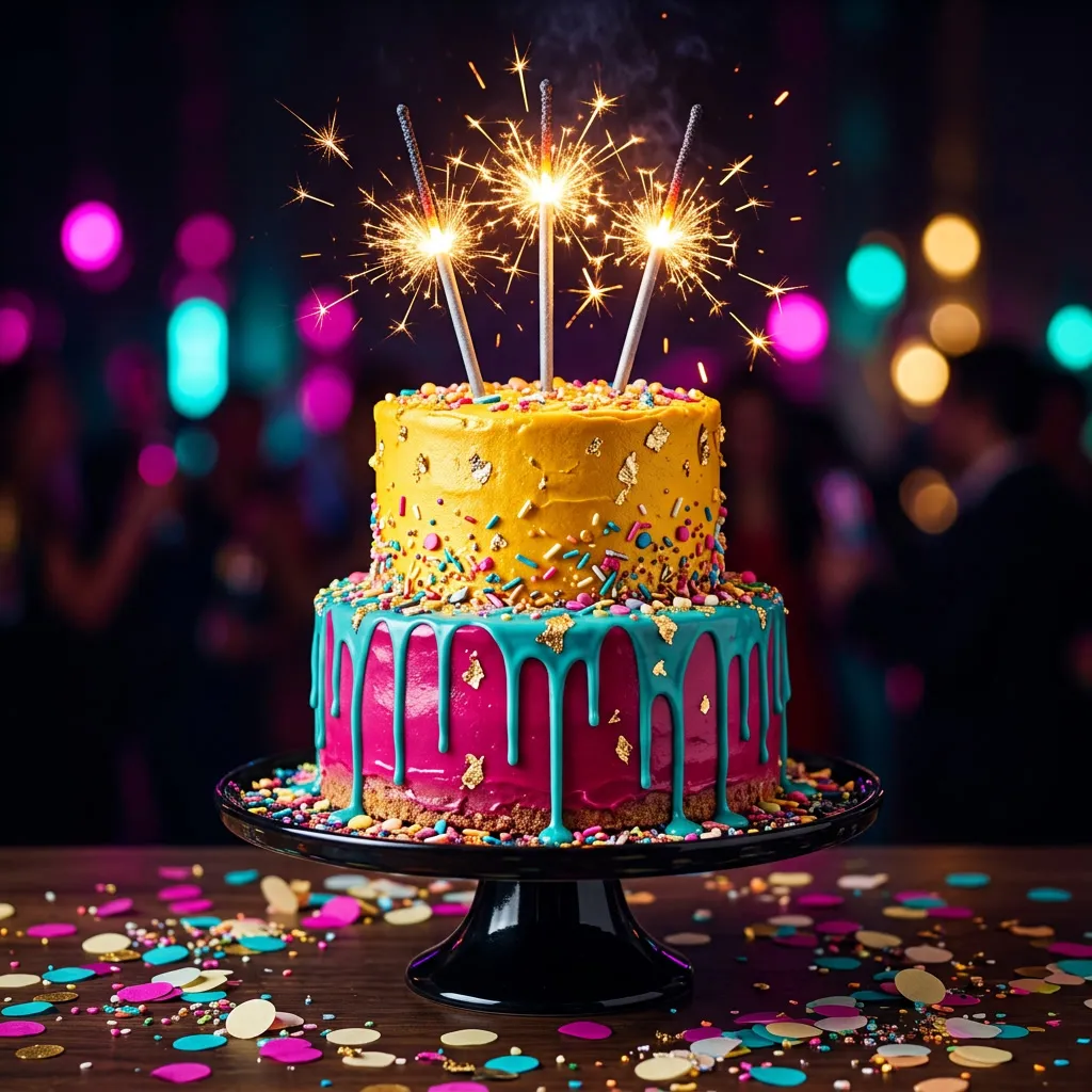 Torta multi-color con drip glaseado magenta turquesa amarillo y sparklers encendidos