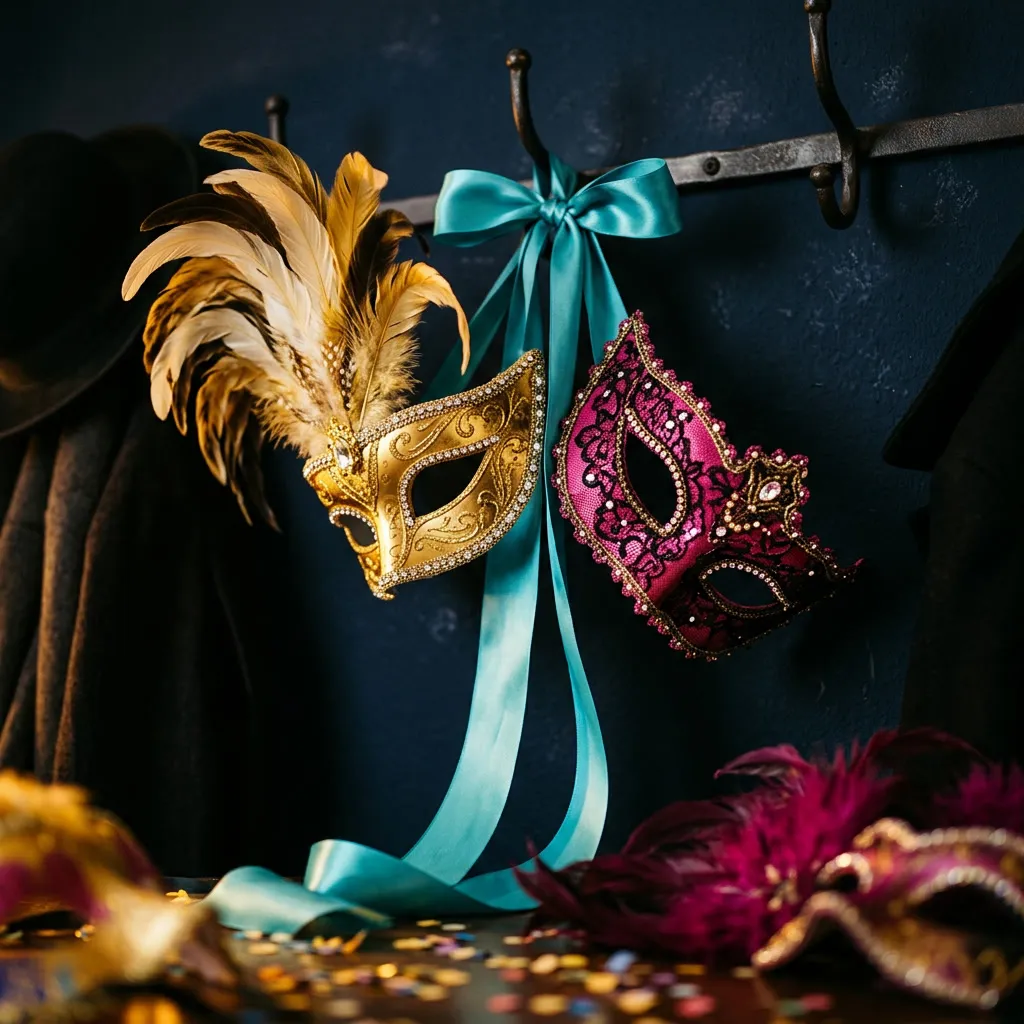 Detail de máscaras venecianas dorada con plumas y magenta con cristales colgadas con cinta turquesa
