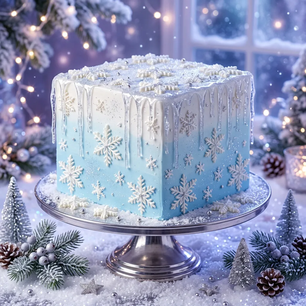 Torta de cumpleaños celeste con copos de nieve y brillo plateado