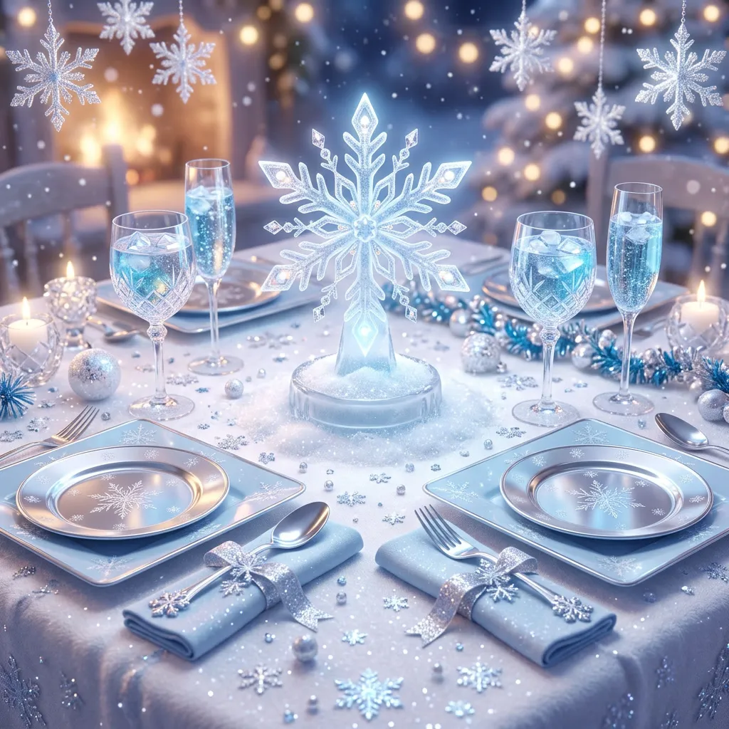 Mesa puesta con vajilla celeste y plateada y confeti de copos